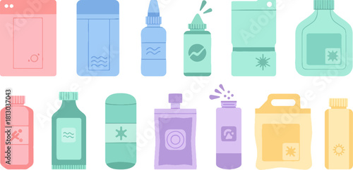 Colorful Array of Personal Care Bottles and Containers in Pastel Shades