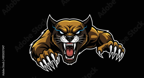 Aggressive cougar mascot with sharp claws and teeth on a black background.