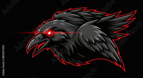 Fierce raven head mascot with glowing red eyes and a bold red outline on a black background.