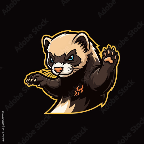 A fierce cartoon ferret with sharp blue eyes and a determined expression, raising its paws in a defensive or aggressive stance.
