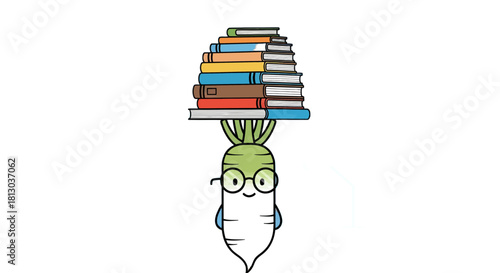 Smart Radish Character Balancing Books Under The Lamp Light for Education