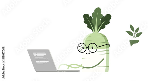 Smart Radish Character Composing on Laptop with Plants, Creative Digital Artwork