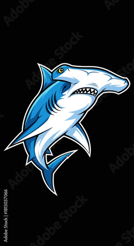 An aggressive cartoon hammerhead shark mascot illustration with a fierce expression on a solid black background.