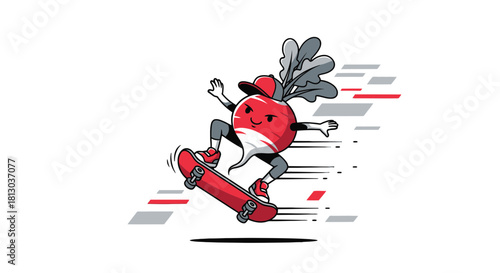 Radish Skateboarder Action Illustrated Against Black Background: A Fresh, Modern Design