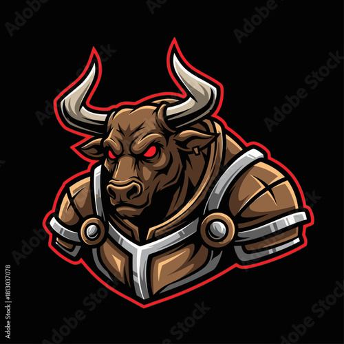 A fierce bull mascot with glowing red eyes, wearing armor, and a determined expression against a black background.