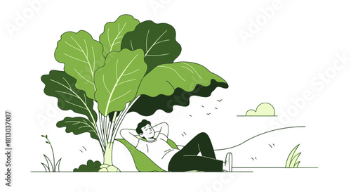 Relaxation And Contemplation Under A Lush Tree: A Peaceful Moment of Contentment.