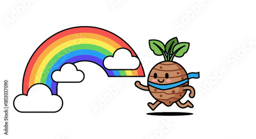 Rainbow And Cheerful Root Character: A Whimsical Digital Illustration For Joyful Themes