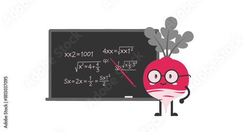 Smart Radish Character Teaching Geometric Equations On a Chalkboard, Unique Concept