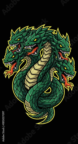 A fierce multi-headed green hydra serpent with glowing eyes on a black background.