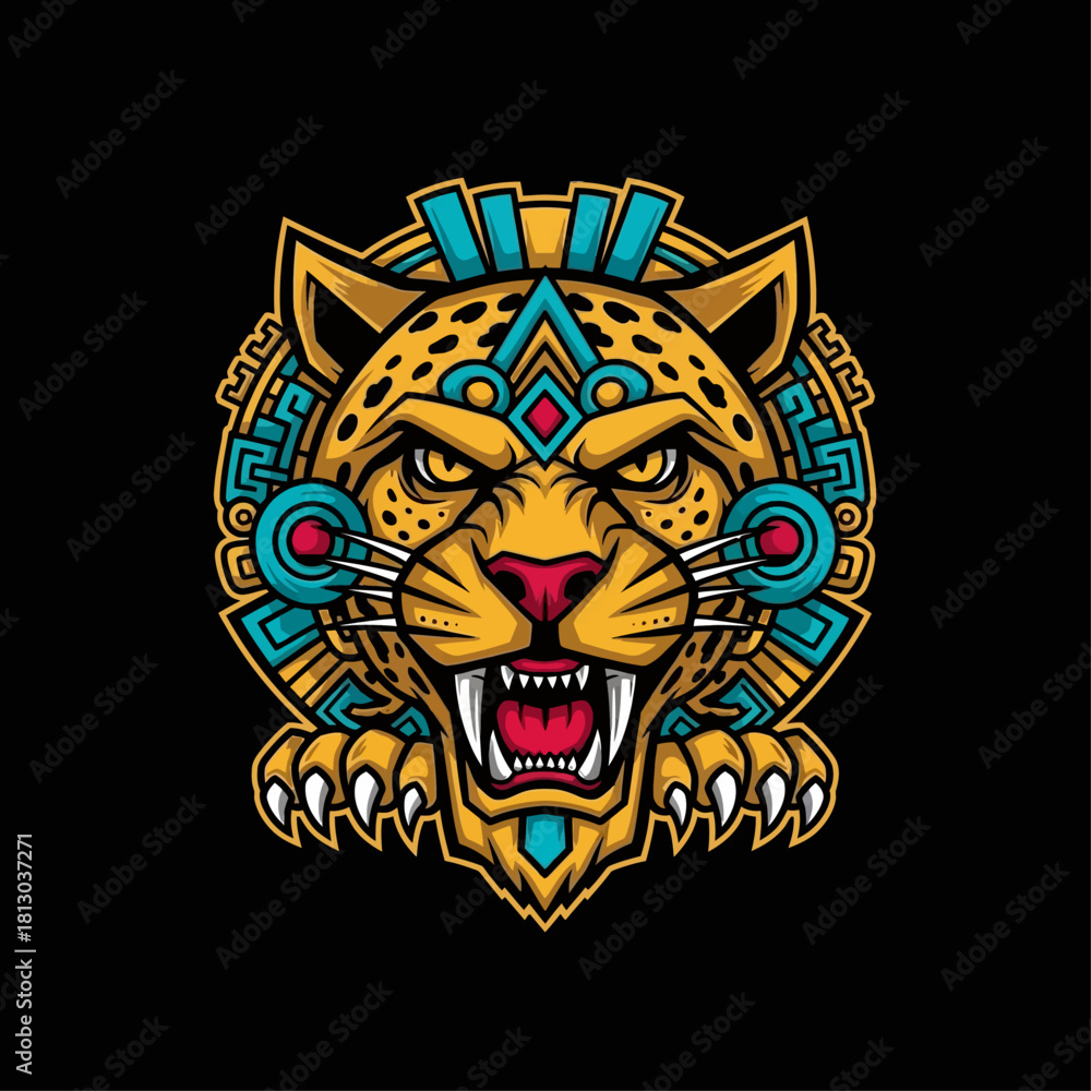 Fototapeta premium A detailed illustration of a jaguar with intricate Aztec-inspired design elements.