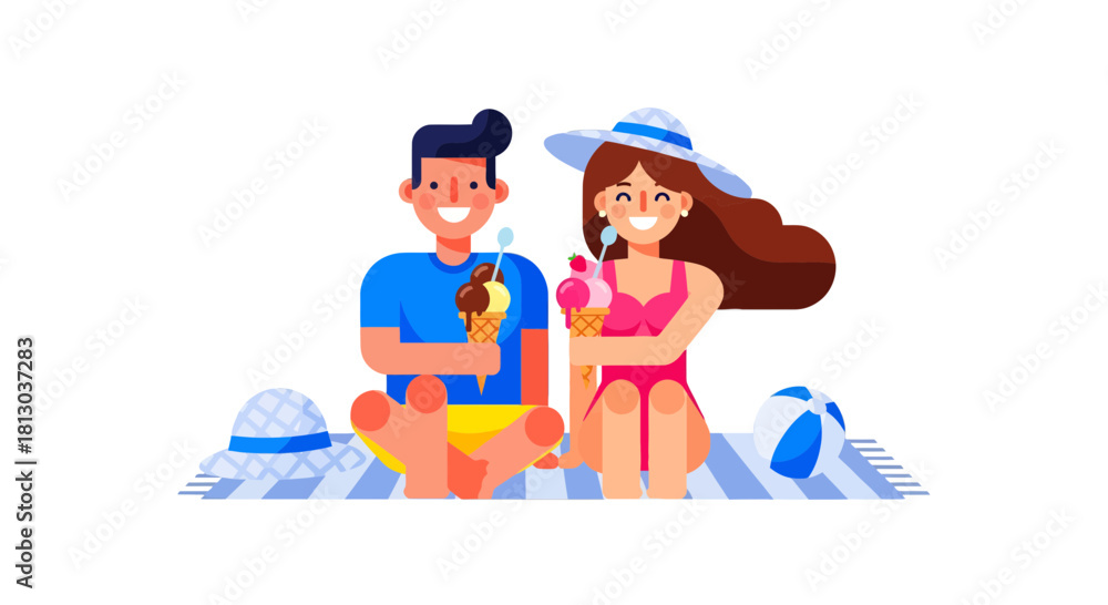 Obraz premium Summer Bliss: Couple Relaxes Together Enjoying Ice Cream on a Beach Blanket