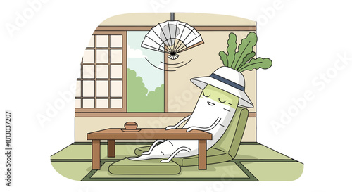 Relaxed Radish Enjoying Serene Moment: Japanese Inspired Illustration, Calm And Peaceful
