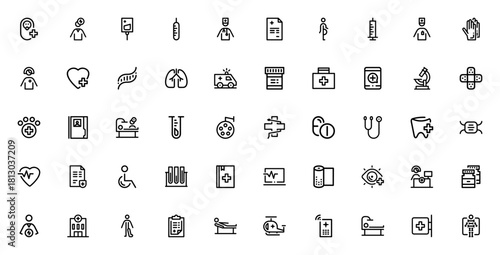 Medical services icon set. Healthcare vector icons pck. Includes symbols for dctor, hospital, medicine, urgery, emergency, pharmac, and more. Editable strok.