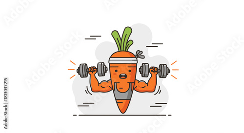 Strong Carrot Character Pumping Iron: Fitness, Healthy Eating, And Workout Concept