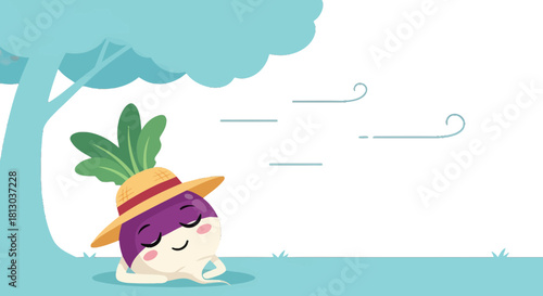 Relaxed Turnip In A Hat Enjoying The Breeze Under A Turquoise-Colored Tree