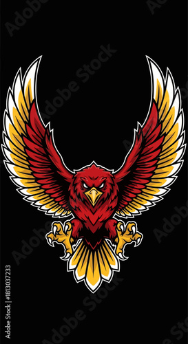 A vibrant red and gold eagle or phoenix with powerful outstretched wings, depicted in a stylized graphic against a dark background.