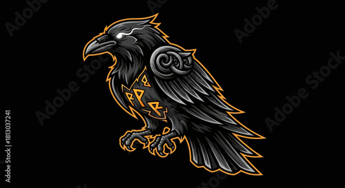 A majestic black raven with glowing eyes, adorned with ornate Norse armor and mystical runes.