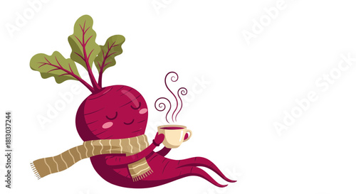 Relaxing Beetroot Cartoon, Enjoying Warm Drink, Cozy Atmosphere with Comfortable Scarf