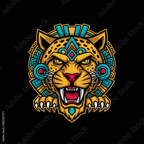 A detailed illustration of a jaguar with intricate Aztec-inspired design elements.