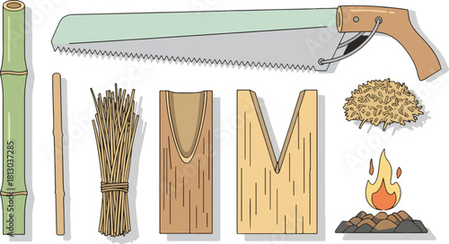 Wooden Firewood Cutting Tools with Fire Starting Elements Illustration