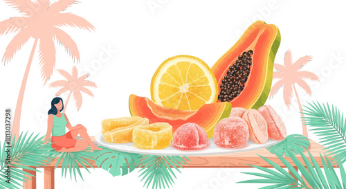 Summer Beach Feast Featuring Tropical Fruits And Relaxing Tropical Ambience Delight