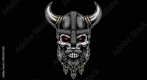 Menacing skull of a Norse warrior with a braided beard, horned helmet, and glowing red eyes.