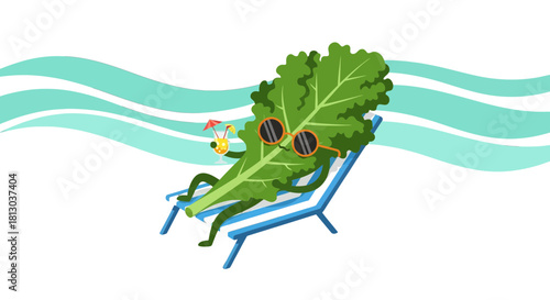 Relaxing Lettuce Enjoy Sunset Drinks While Lounging on Beach Chair Cartoon Image