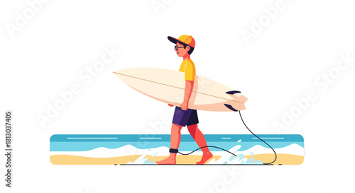 Surfer On The Sandy Shoreline: A Vector Illustration In Vivid Flat Design Style