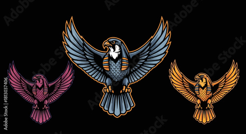 Three stylized falcons with outstretched wings, inspired by ancient Egyptian art, in blue, pink, and gold.