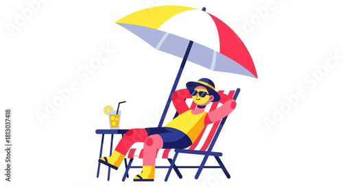 Relaxing On The Beach Underneath The Shade, Enjoying Summer Vacation And A Cocktail