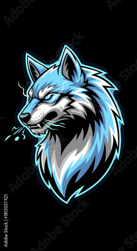 A detailed illustration of a fierce wolf with icy blue fur and glowing eyes against a black background.