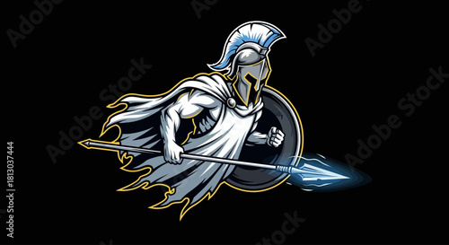 Spartan warrior with spear and shield, digital art on black background.