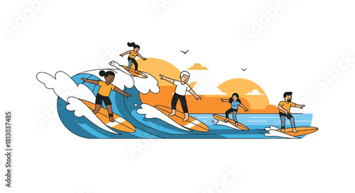 Surfers Carving Waves Under a Sunset Sky: An Enthusiastic Illustration of Aquatic Activity