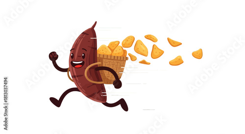 Sweet Potato Runs To Deliver Snacks, With Chips Streaming Behind, Against Black Background