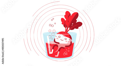 Relaxing Radish Enjoying Spa Time Within Glass Cup With Red Water And Bubbles