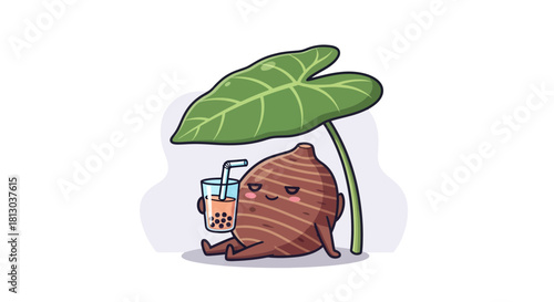 Relaxing Root Vegetable with Boba Drink Beneath a Leaf For Refreshment and Comfort