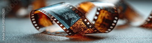 Old underexposed 35mm film on white concept. Close-up of a curled film strip on a textured surface.