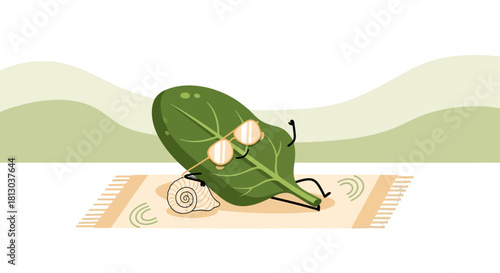 Relaxing Spinach Leaf Enjoys Vacation on Beach Blanket With Snail Beside it