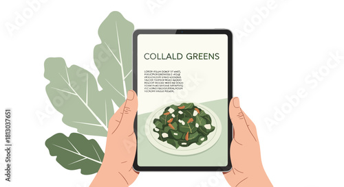 Tablet Displaying Image Of Collard Greens With Leafy Illustration And Dark Background