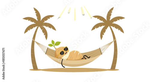 Relaxing Tropical Island Scene Featuring a Cartoonish Root Vegetable in a Hammock