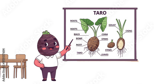 Taro Character Explains Botanical Structure And Presentations with Diagrams on Board