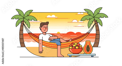 Relaxing Tropical Paradise: A Gentleman Lounging In A Hammock On A Blissful Beach