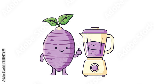 Taro Root And Blender Illustration: Healthy Smoothie Preparation On Black Background