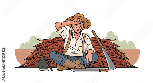 Tired Farmer Resting After A Successful Harvest Of Sweet Potatoes Illustration