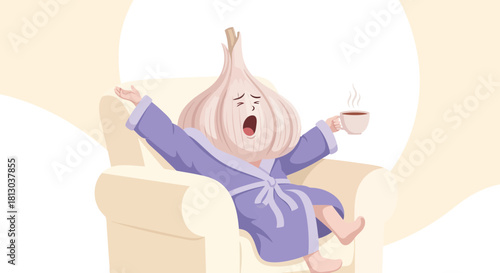 Tired Garlic Character Awakening With Coffee In The Calm of Early Sunrise