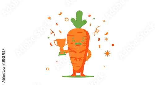 Triumphant Animated Carrot Cartoon Character Holding Up Trophy With Joyous Celebration