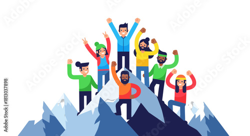 Triumphant Group Reaching Summit on Mountain Peaks Demonstrating Celebration and Success