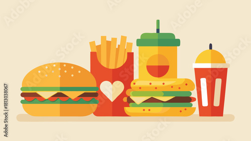 Colorful vector illustration showcasing fast food elements such as burgers, fries, and beverages in a fun clipart format..eps
