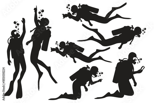 Vector illustration set of scuba divers in different underwater poses with diving equipment.