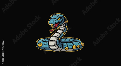 A stylized blue and white snake with yellow details, coiled up and ready to strike, on a plain black background.